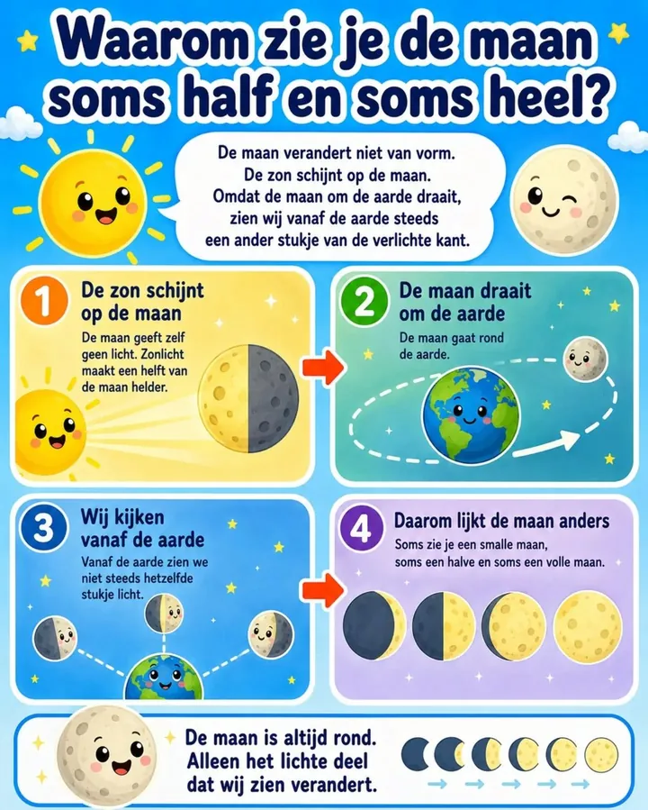 Plaat bij de vraag: Waarom zie je de maan soms half en soms heel?